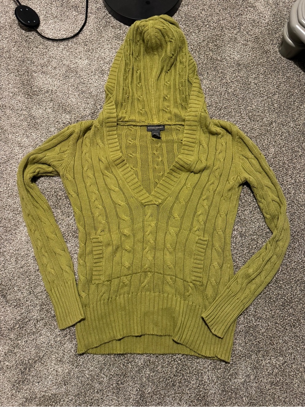 Banana Republic Olive Green Cable Knit V‑Neck Hoodie